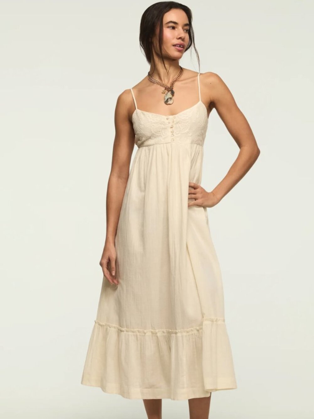 Lucky Brand Embroidered Henley Midi Dress Cream Size S NWT